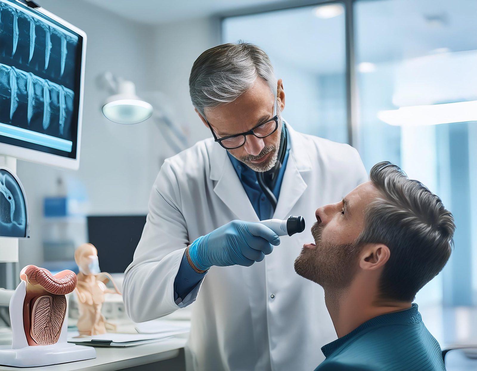 ENT specialist examining a patient's throat